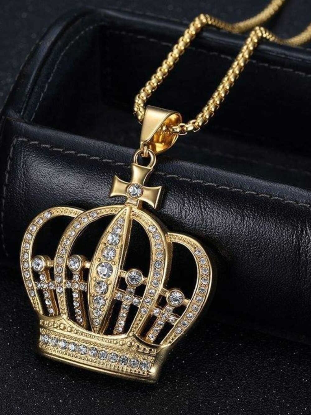Gold Royal Crown Cross Pendant Necklace King Queen Charm Bling Fashion Gift